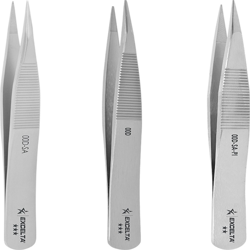 Excelta Reverse-Action Tweezers General precision; Straight tips; Serrated